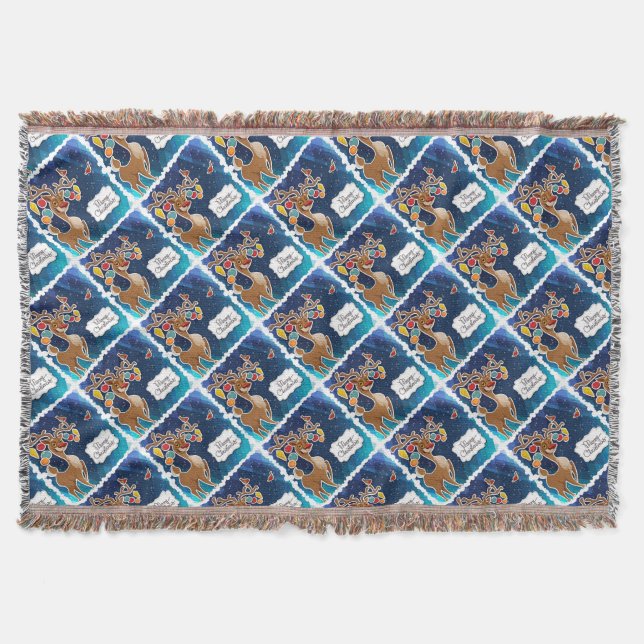 Manta Tejida Feliz Navidad Prancing Reindeer (Anverso)