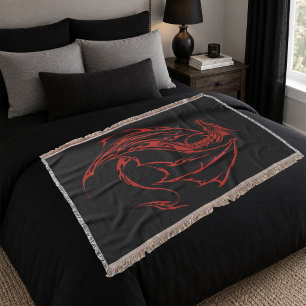 Manta Tejida Feroz Silueta de Dragón Tribal Rojo Fantasía