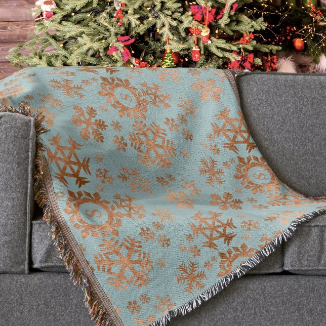 Manta Tejida Festividad Copper Azul Monogramado Marrón de Nieve (A lovely copper snowflake pattern on an robin egg blue background. Just add your initial)