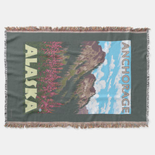 Manta Tejida Fireweed y montañas - Anchorage, Alaska