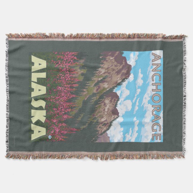 Manta Tejida Fireweed y montañas - Anchorage, Alaska (Anverso)