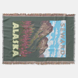 Manta Tejida Fireweed y montañas - Seward, Alaska