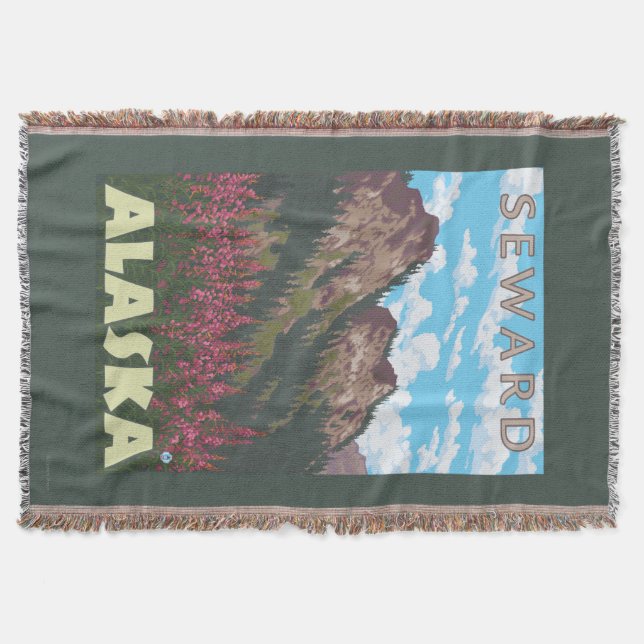Manta Tejida Fireweed y montañas - Seward, Alaska (Anverso)