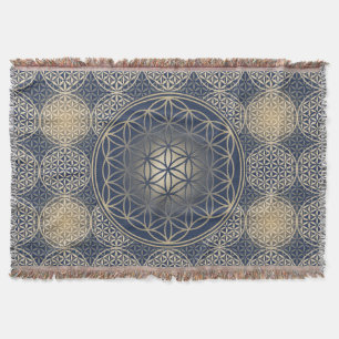 Manta Tejida Flor de vida - patrón de sello - arena azul