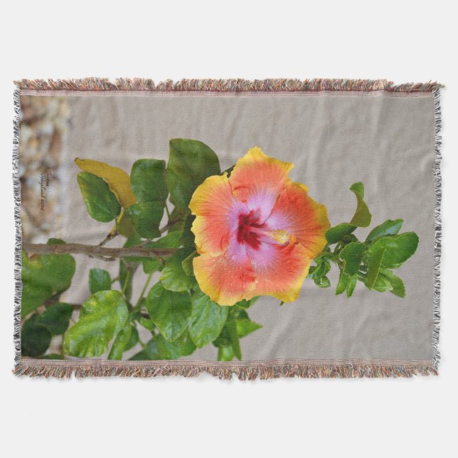Manta Tejida Flor rosa naranja Hibiscus Throw Blanket (Anverso)