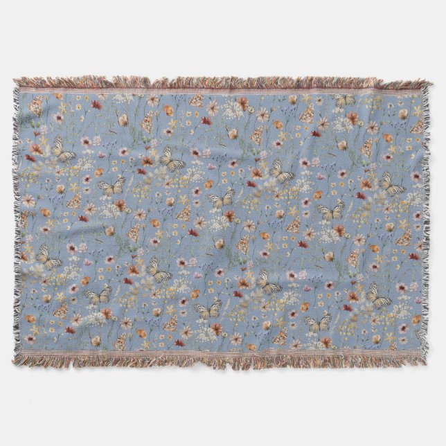 Manta tejida floral boho azul (Anverso)