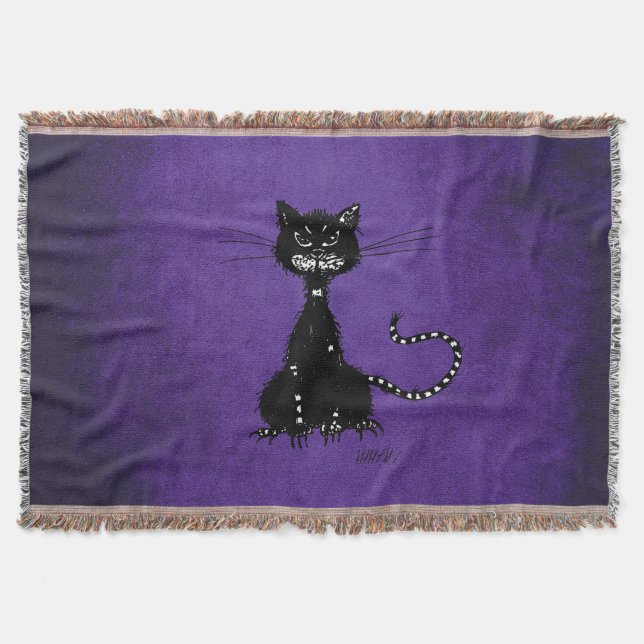 Manta Tejida Gato negro malvado morado (Anverso)