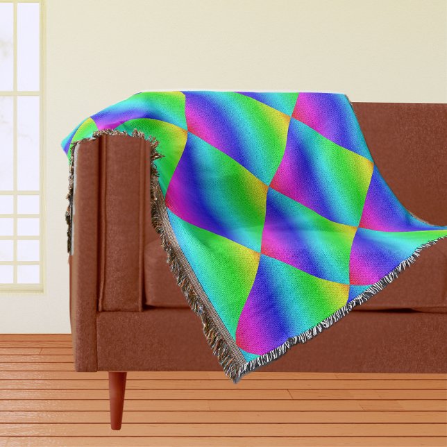 Manta Tejida Gradiente diagonal arcoiris azul a verde (Diagonal Rainbow Gradient Blue to Green Throw Blanket)