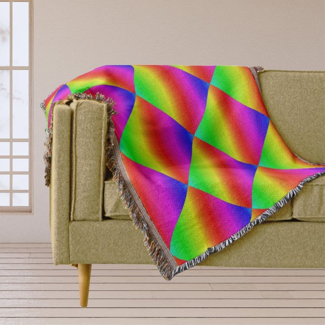 Manta Tejida Gradiente diagonal arcoiris rojo a verde (Diagonal Rainbow Gradient Red to Green Throw Blanket)