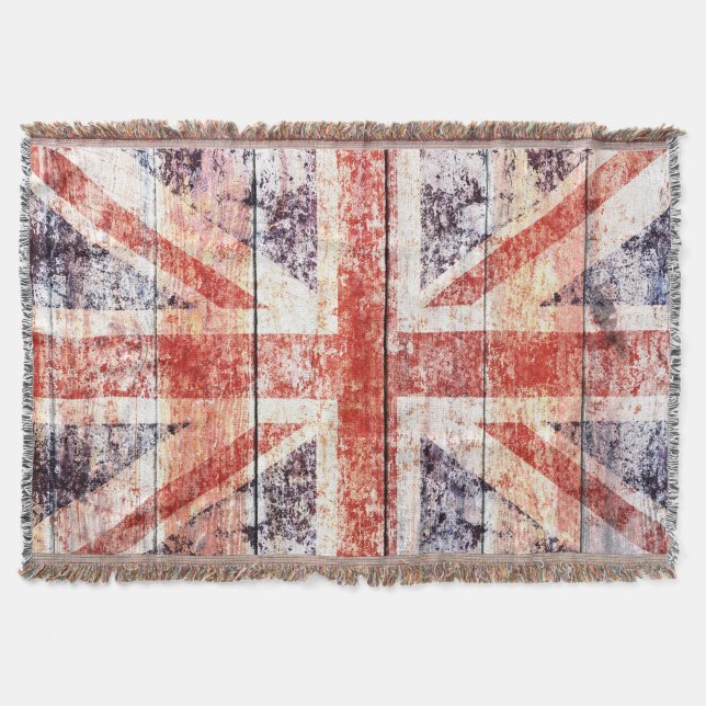 Manta Tejida Grunge Union Jack en la madera rústica (Anverso)