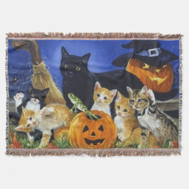 Manta Tejida Halloween Kitty Family (Anverso)