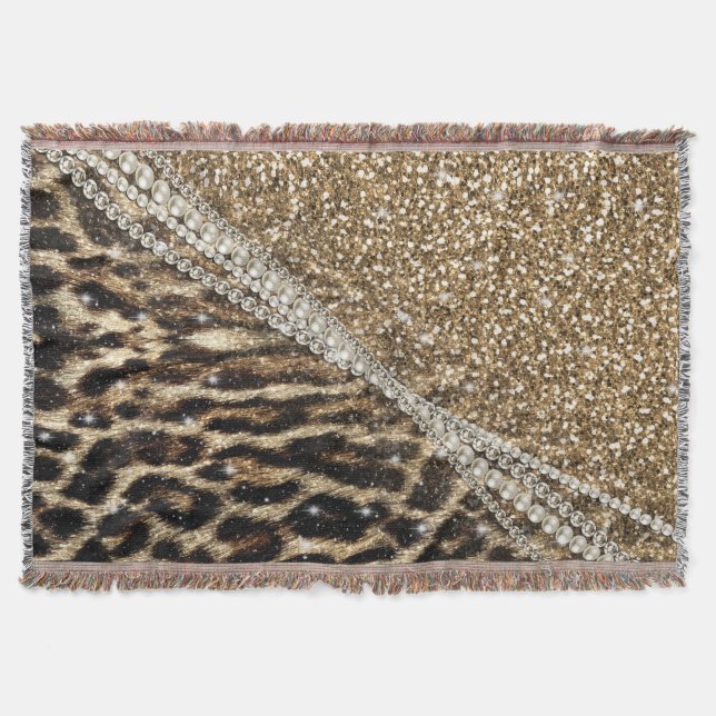 Manta Tejida Hermosa Moda Girly Leopard Print Gold Purpurina (Anverso)