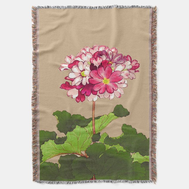 Manta Tejida Hidrangea japonesa vintage. Rosa y Verde (Frente vertical)