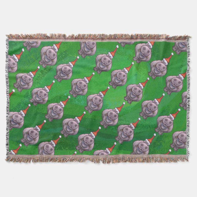 Manta Tejida Hippo en Santa Hat Pattern en verde (Anverso)