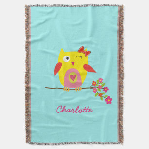 Manta Tejida Ilustracion rosa amarillo de búho blanco personali