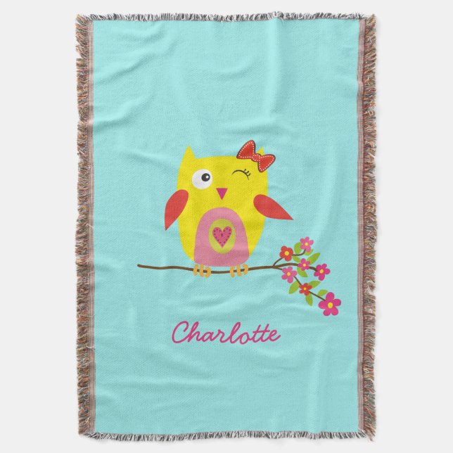 Manta Tejida Ilustracion rosa amarillo de búho blanco personali (Frente vertical)