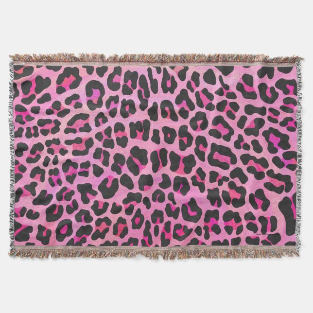Manta Tejida Leopardo de impresión negro y rosa caliente (Anverso)