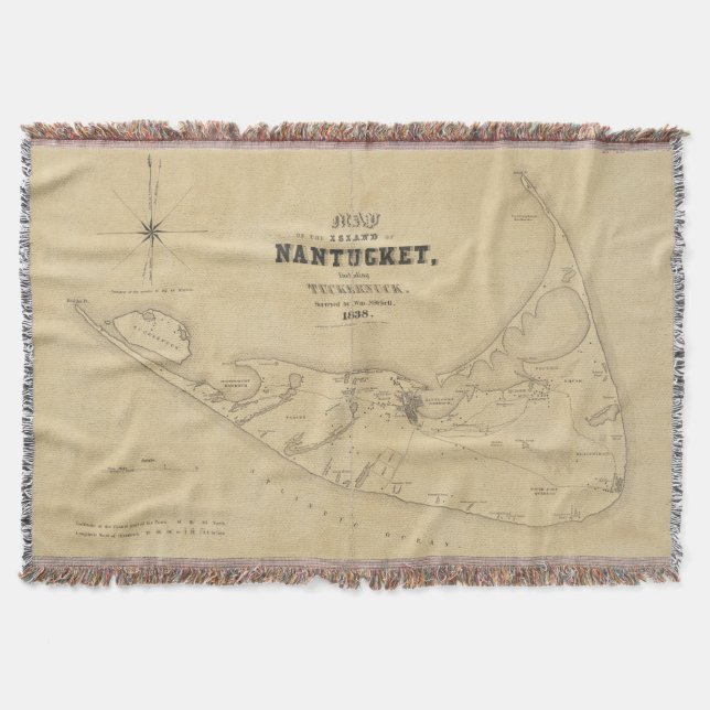 Manta Tejida Mapa del vintage de Nantucket (1838) (Anverso)