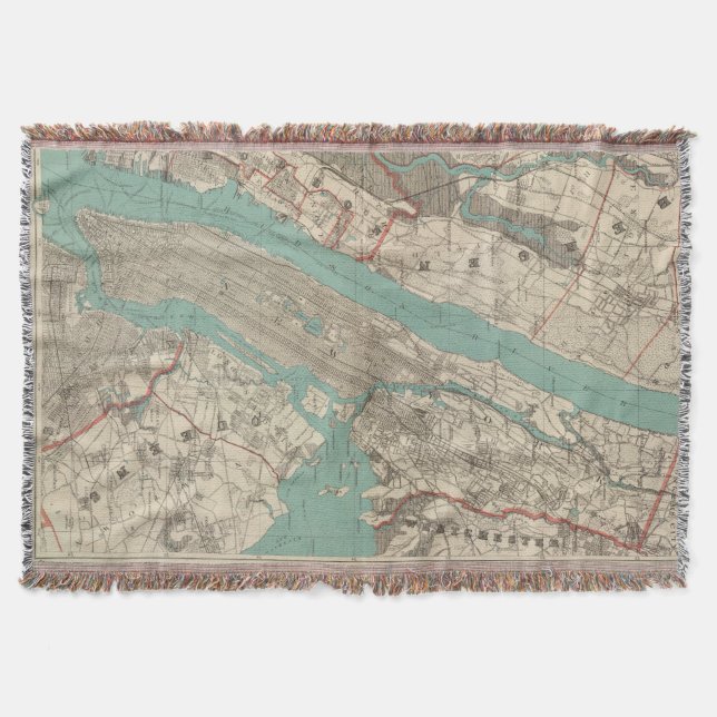 Manta Tejida Mapa del vintage de New York City (1890) (Anverso)