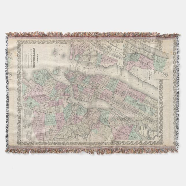 Manta Tejida Mapa del vintage de NYC y de Brooklyn (1865) (Anverso)