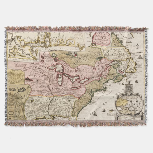 Manta Tejida Mapa medieval francés de Quebec/Nueva Francia Amér (Anverso)