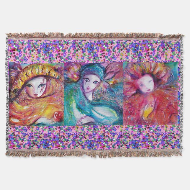 MANTA TEJIDA MÁSCARAS DE CARNAVAL AZUL, ROJAS Y AMARILLAS CON C (Anverso)