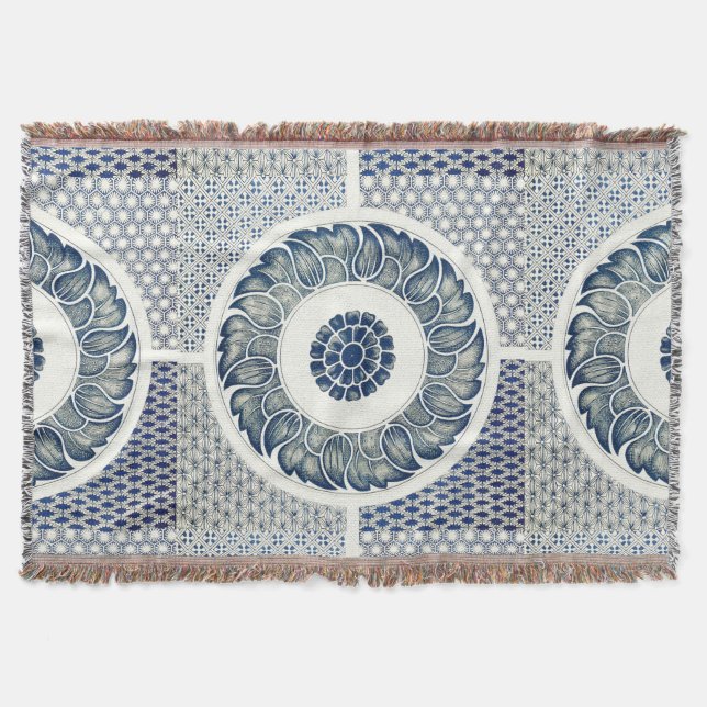Manta Tejida Medallón Chino: Chinoiserie Azul Índigo (Anverso)
