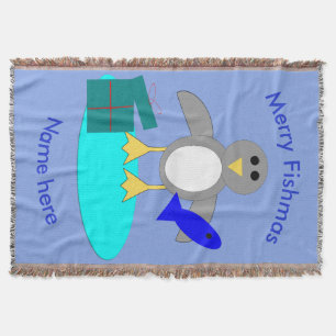Manta Tejida Merry Christmas Fishing Penguin Throw Blanket