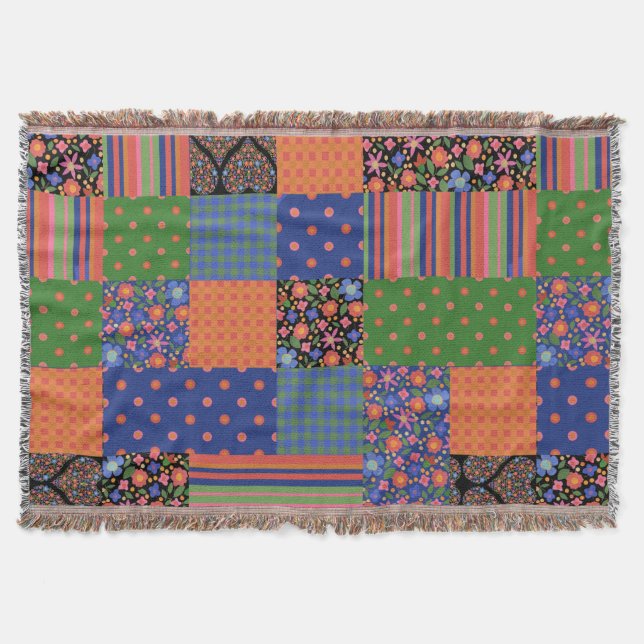 Manta Tejida Moda Estilo Arte Folk Faux Parchwork Throw Blanket (Anverso)