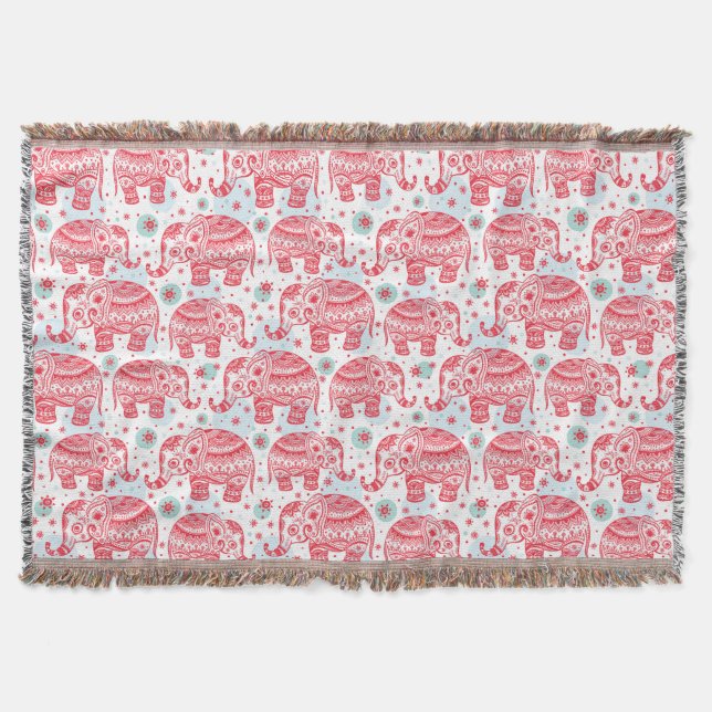Manta Tejida Modelo étnico rojo del elefante (Anverso)