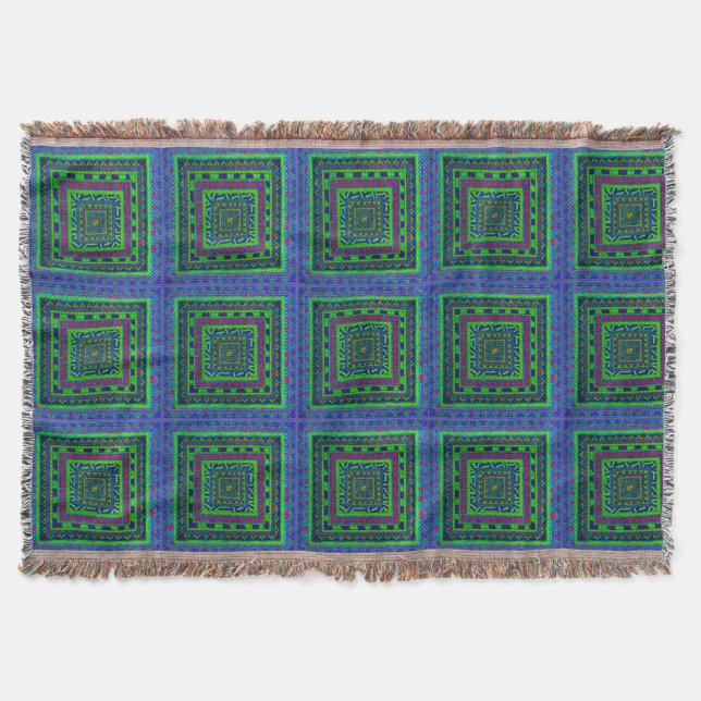 Manta Tejida Modelo tribal azteca rojo azulverde de los (Anverso)