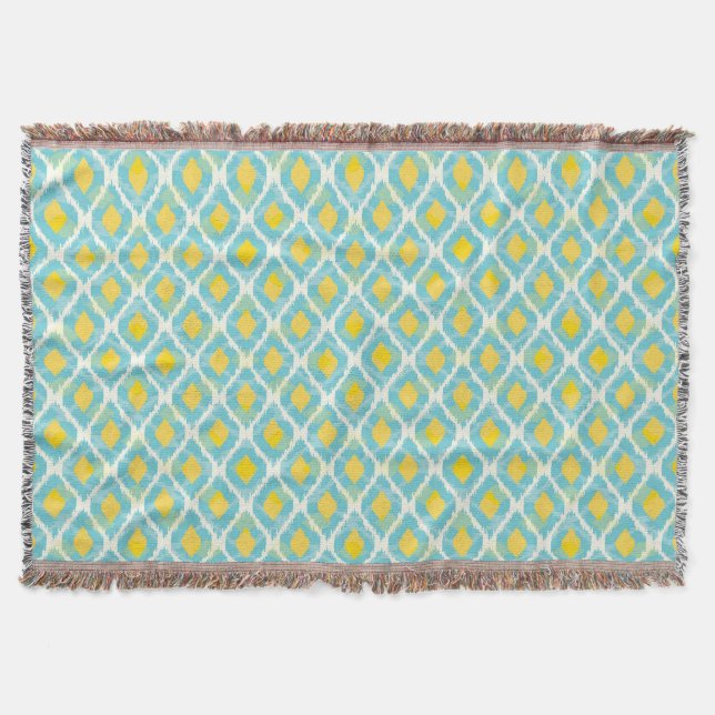 Manta Tejida Moderna moda tribal ikat azul amarillo (Anverso)