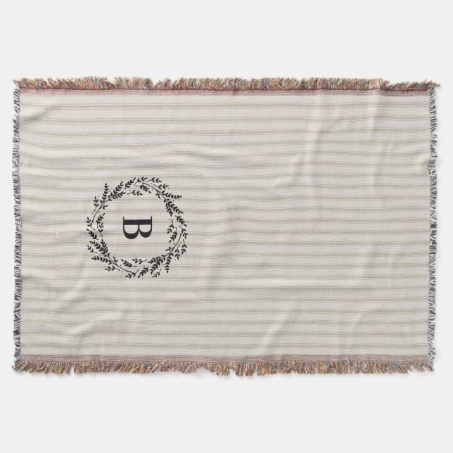 Manta Tejida Monograma de franjas de puntería beige de granja (Anverso)