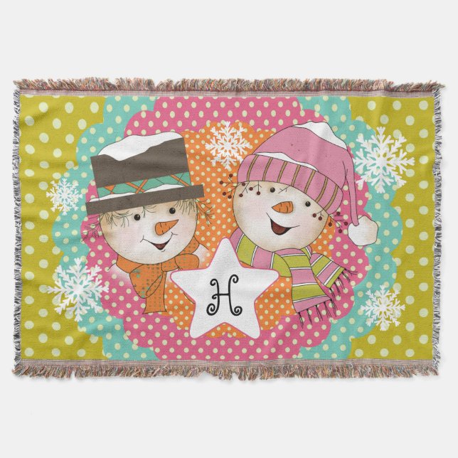 Manta Tejida Monograma de Snowmen inicial con lanzamiento de va (Anverso)