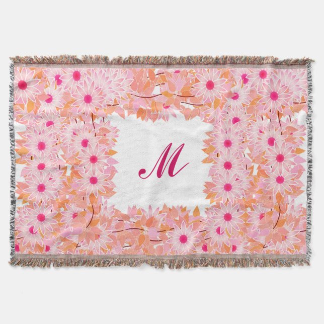 Manta Tejida Monograma enmarcado con flores - rosa y melocotón (Anverso)