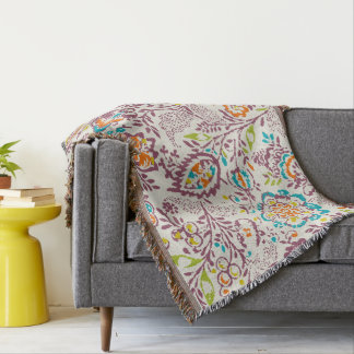 Manta Tejida Naranja floral Lime turquesa y púrpura