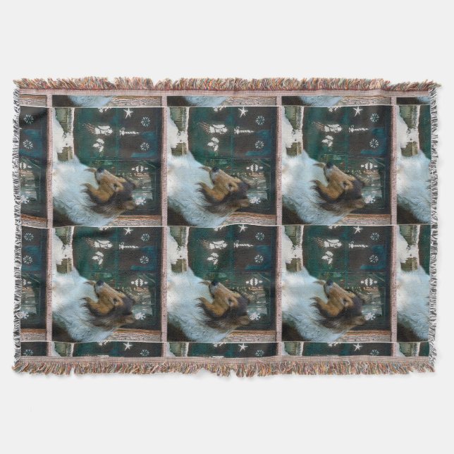 Manta Tejida Navidades Collie en la ventana (Anverso)