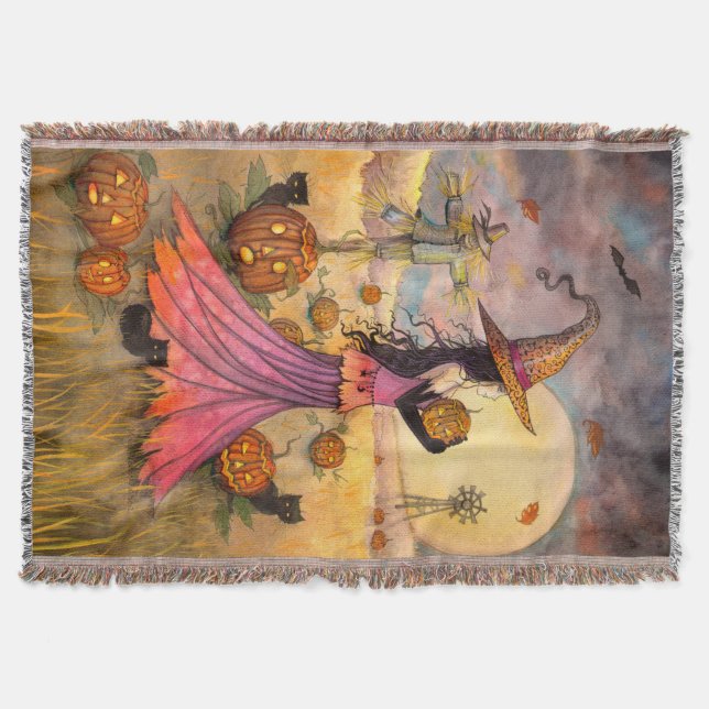 Manta Tejida Octubre Fields Witch Cat Halloween Art (Anverso)