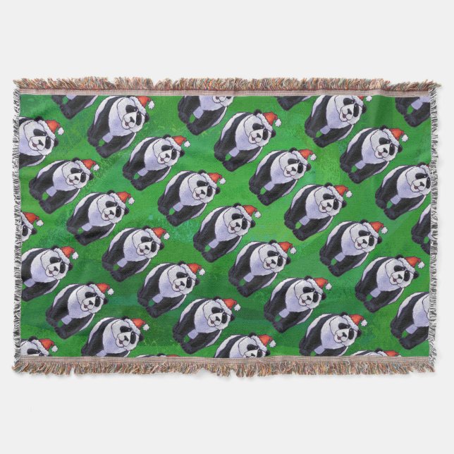 Manta Tejida Oso Panda en Santa Hat en Green (Anverso)