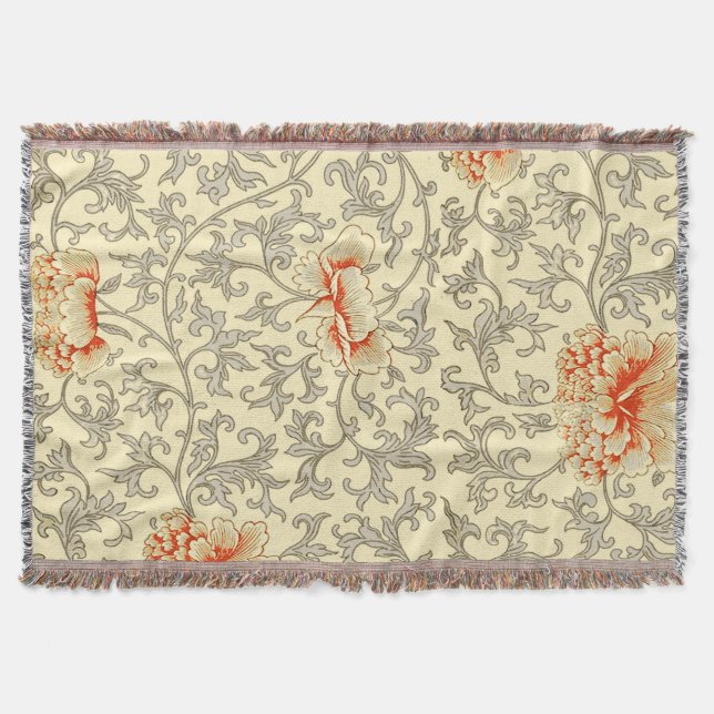 Manta Tejida Owen Jones Patrón Antiguo: Coral Floral Gris (Anverso)
