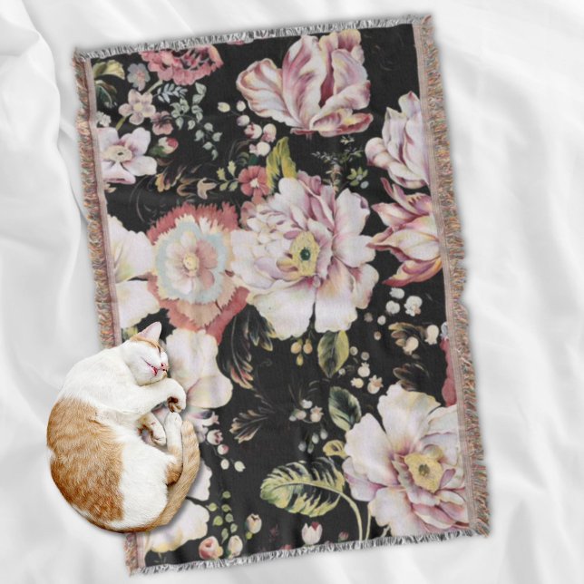 Manta Tejida País bohemio perrito moda femenina floral negra (Preppy bohemian country girly chic black floral throw blanket)