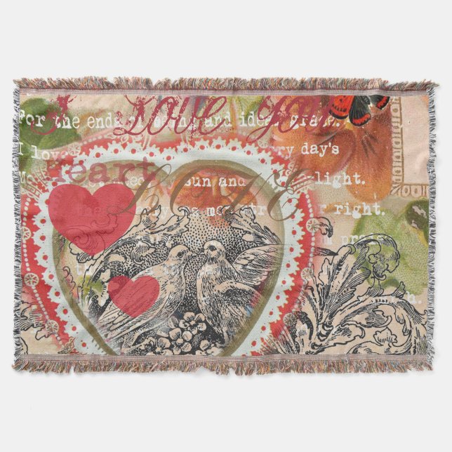 Manta Tejida Pájaros del Corazón Amor Collage de Arte Rojo (Anverso)