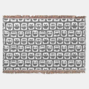 Manta Tejida Patrón de búho gris y blanco