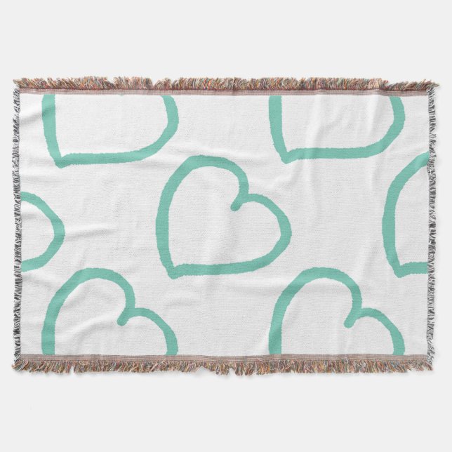 Manta Tejida Patrón de corazones dibujados a mano azul turquesa (Anverso)