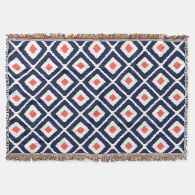 Manta Tejida Patrón de diamante azul, coral, ikat blanco (Anverso)