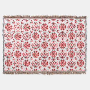 Manta Tejida Patrón de estilo damasco floral rojo y blanco