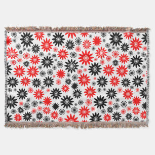 Manta Tejida Patrón de flores - Negro con rojo y blanco
