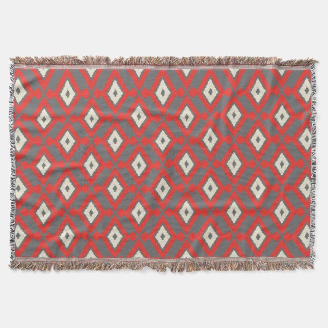 Manta Tejida Patrón de Ikat - Rojo, Gris y Beige (Anverso)