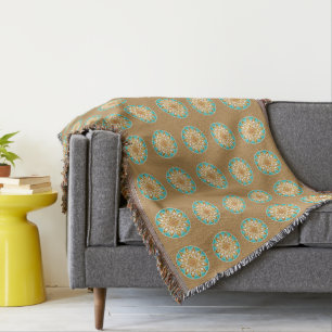 Manta Tejida patrón de mandala en beige, crema y turquesa