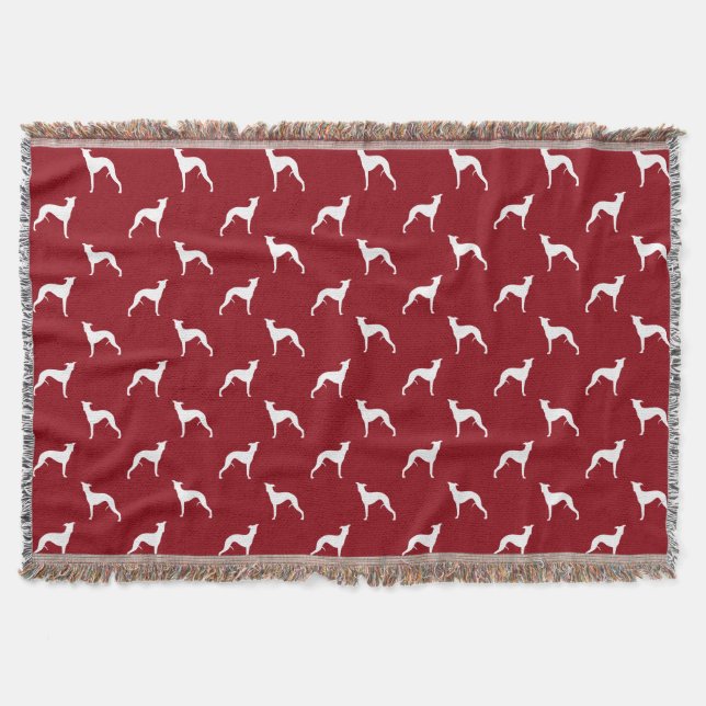 Manta Tejida Patrón de Siluetas de Perro Whippet Rojo y Blanco (Anverso)